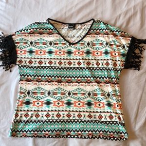 Aztec print top with fringe sleeves